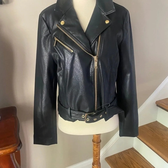 Michael Kors Belted Faux Leather Moto  Jacket - Picture 2 of 10